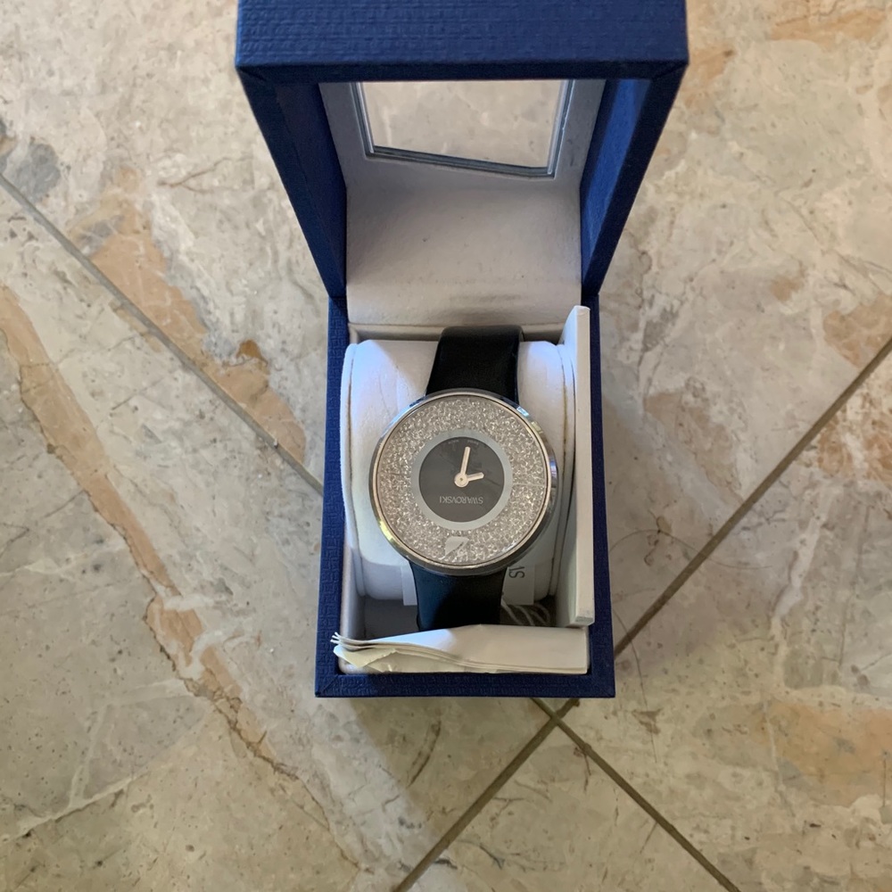 Swarovski Crystalline Silver/Grey Watch With Genuine Leather Black Band 5024453 - Picture 2 of 4